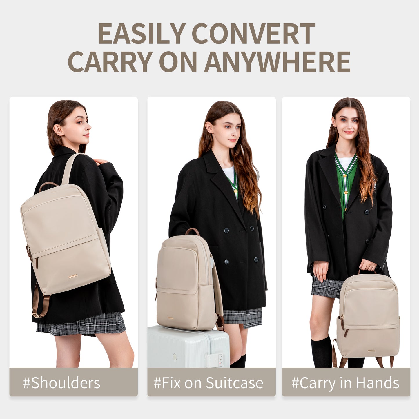 GOLF SUPAGS Laptop Backpack for Women Slim Computer Bag Work Travel College Backpack Purse Fits 14/15.6 Inch Notebook (Black/Dusky Pink/Apricot)