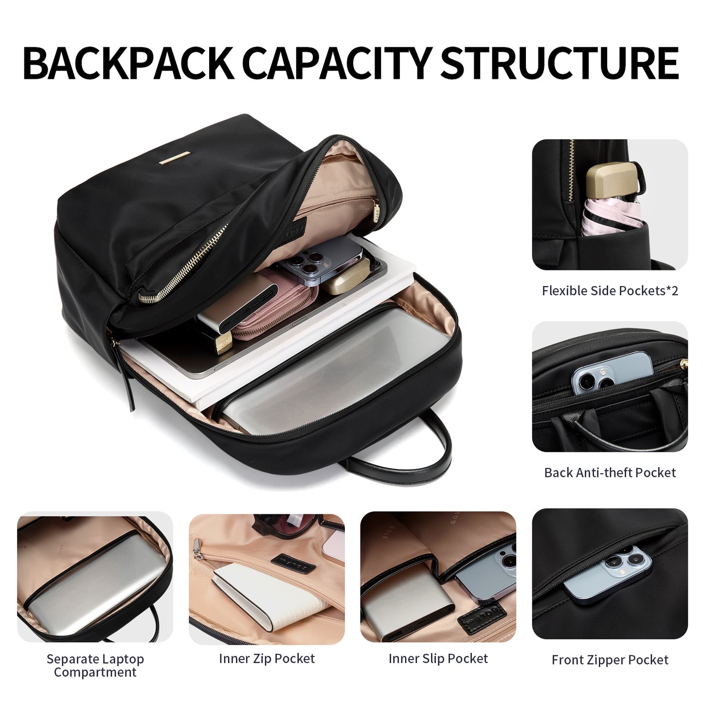 GOLF SUPAGS Laptop Backpack for Women Slim Computer Bag Work Travel College Backpack Purse Fits 14/15.6 Inch Notebook (Black/Dusky Pink/Apricot)