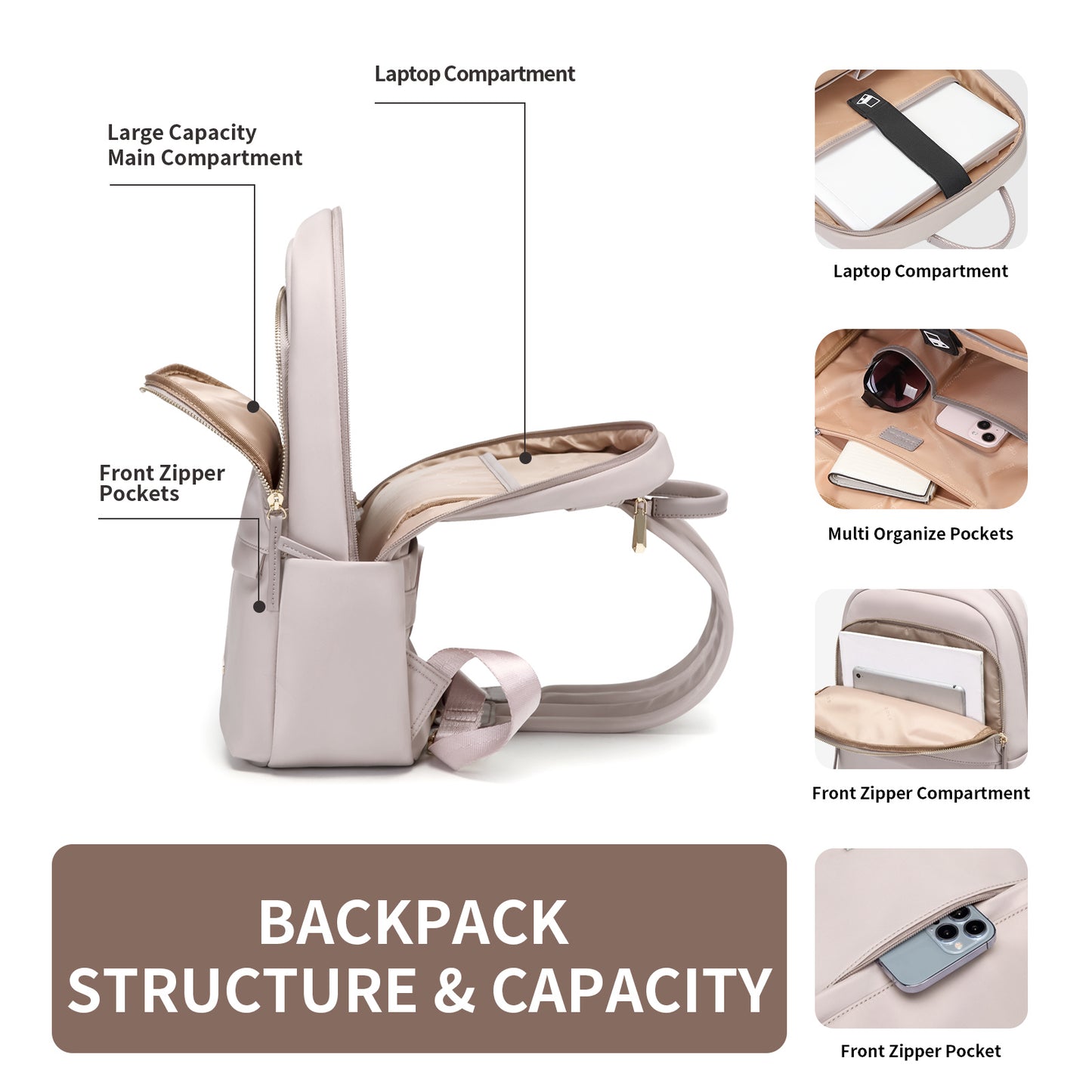 GOLF SUPAGS Laptop Backpack for Women Slim Computer Bag Work Travel College Backpack Purse Fits 14/15.6 Inch Notebook (Black/Dusky Pink/Apricot)