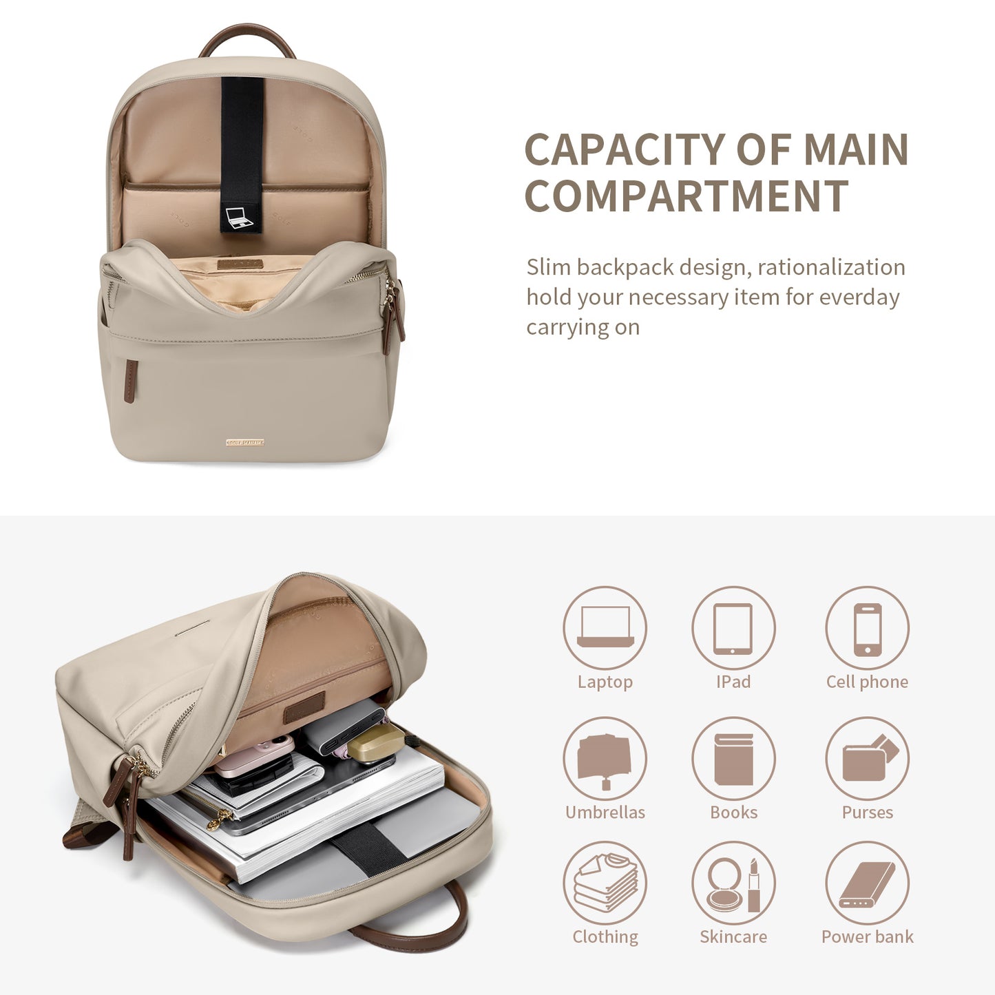 GOLF SUPAGS Laptop Backpack for Women Slim Computer Bag Work Travel College Backpack Purse Fits 14/15.6 Inch Notebook (Black/Dusky Pink/Apricot)