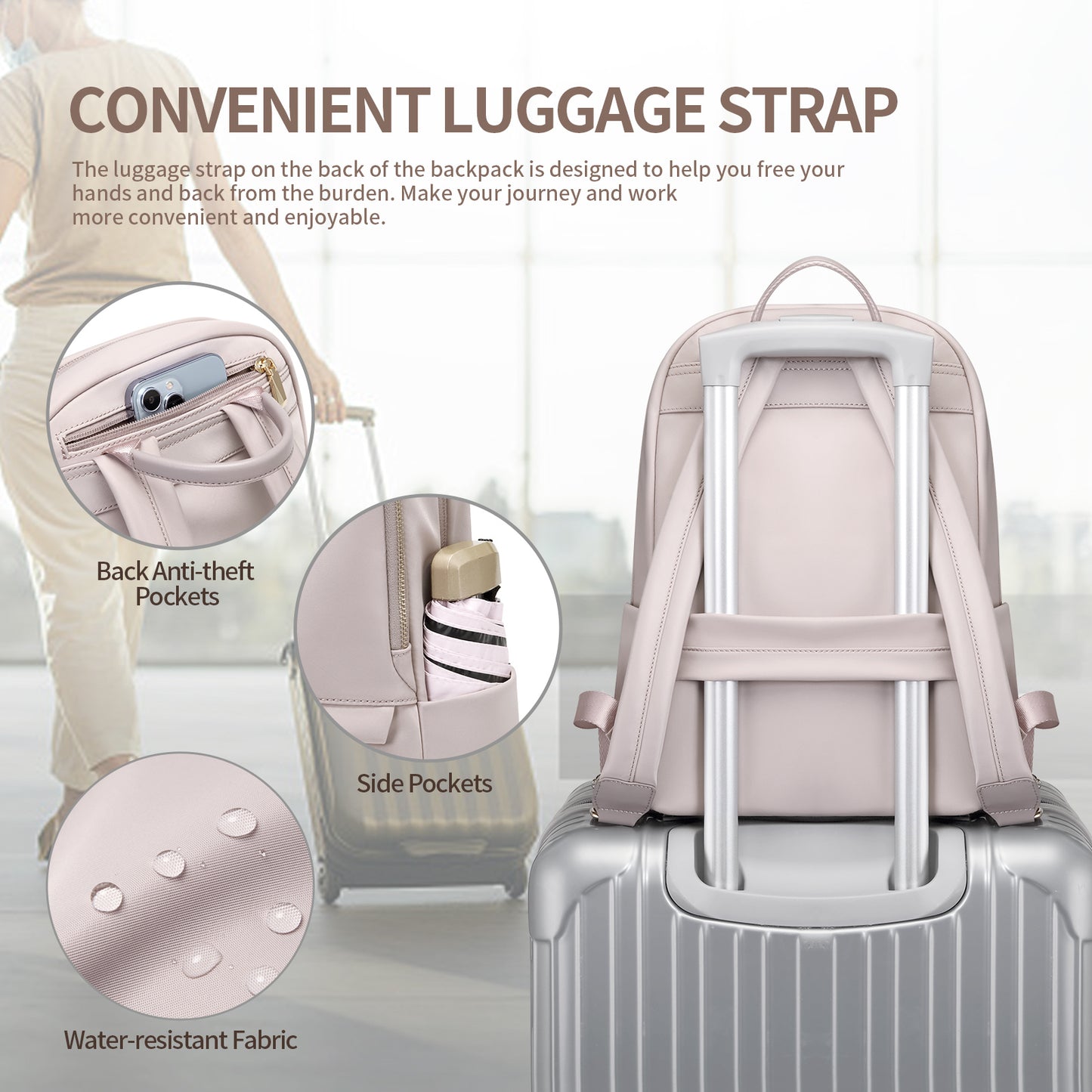 GOLF SUPAGS Laptop Backpack for Women Slim Computer Bag Work Travel College Backpack Purse Fits 14/15.6 Inch Notebook (Black/Dusky Pink/Apricot)