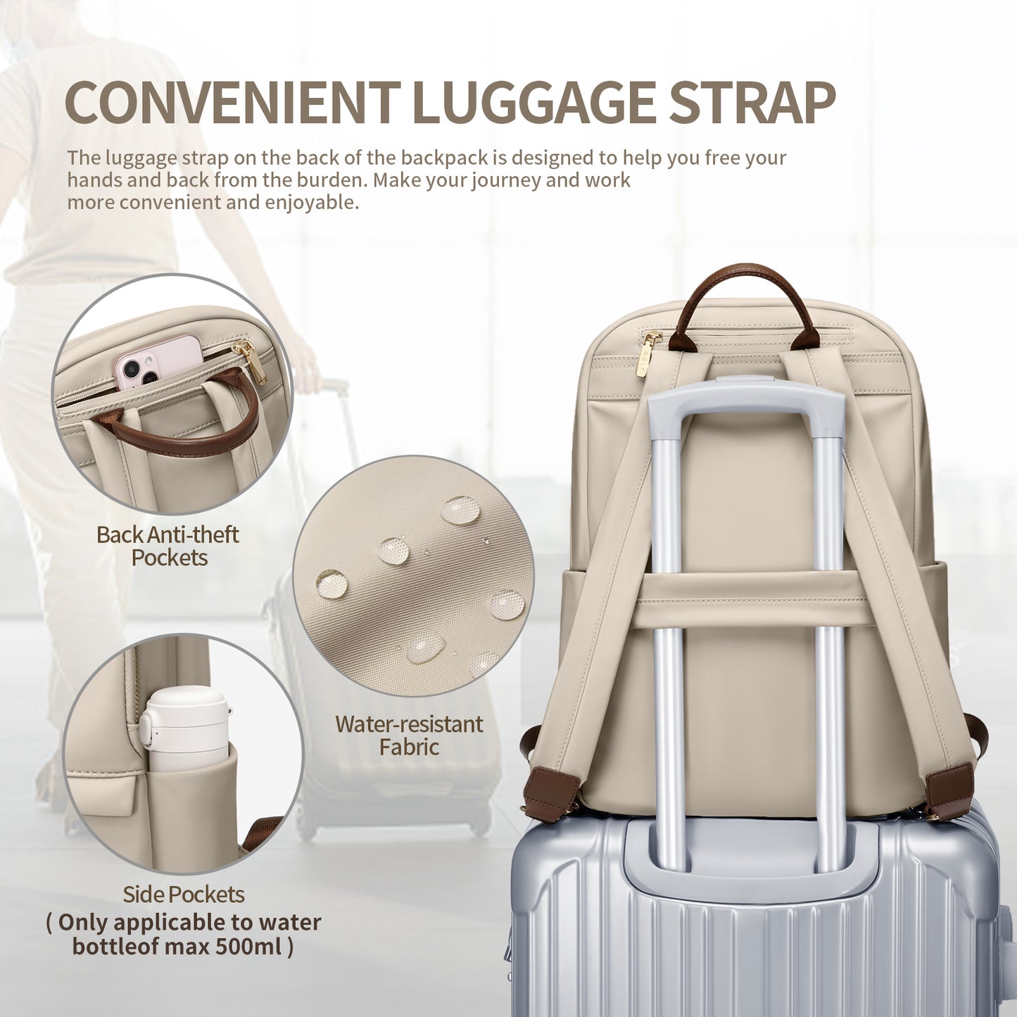 GOLF SUPAGS Laptop Backpack for Women Slim Computer Bag Work Travel College Backpack Purse Fits 14/15.6 Inch Notebook (Black/Dusky Pink/Apricot)