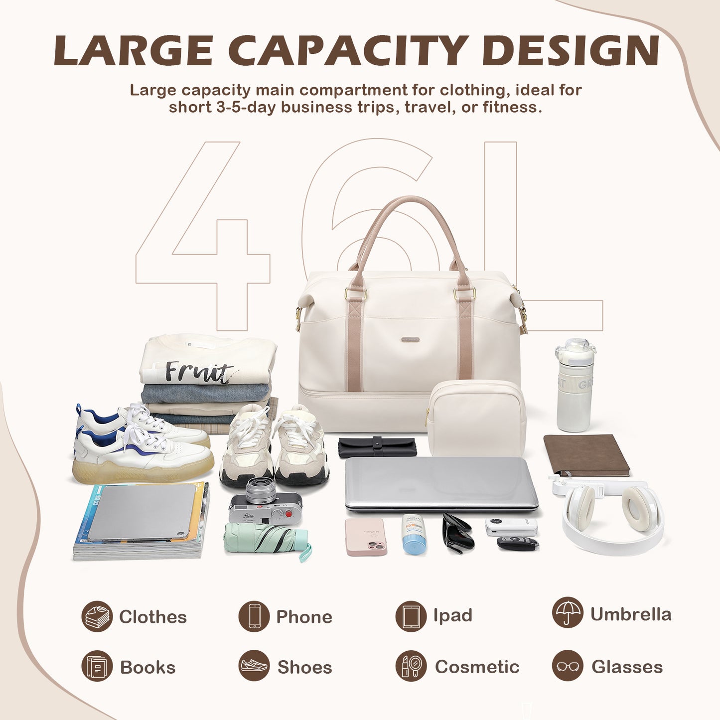 Weekender Bags for Women, Carry On Travel Duffel Bag with Shoe Compartment & Toiletry Bag, 46L Overnight Bag Gym Hospital Bags for Labor and Delivery