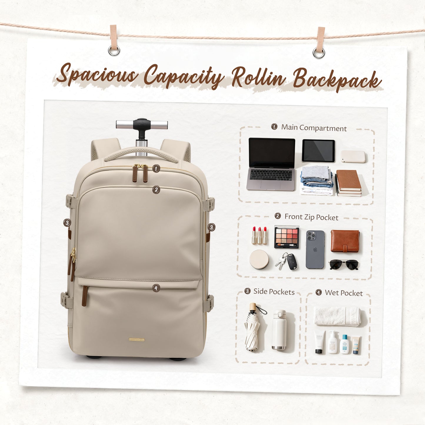 Rolling Backpack for Women 17 Inch Convertible Laptop Backpack with Wheels, 32L Carry On Business Luggage Daypack Water-Resistant Rolling Bag for Work Short Trips