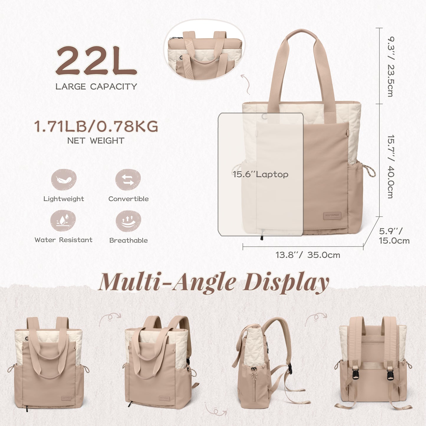 GOLF SUPAGS Convertible Laptop Backpack for Women 15.6" Laptop Tote Casual Daypack for Work Travel College Bag