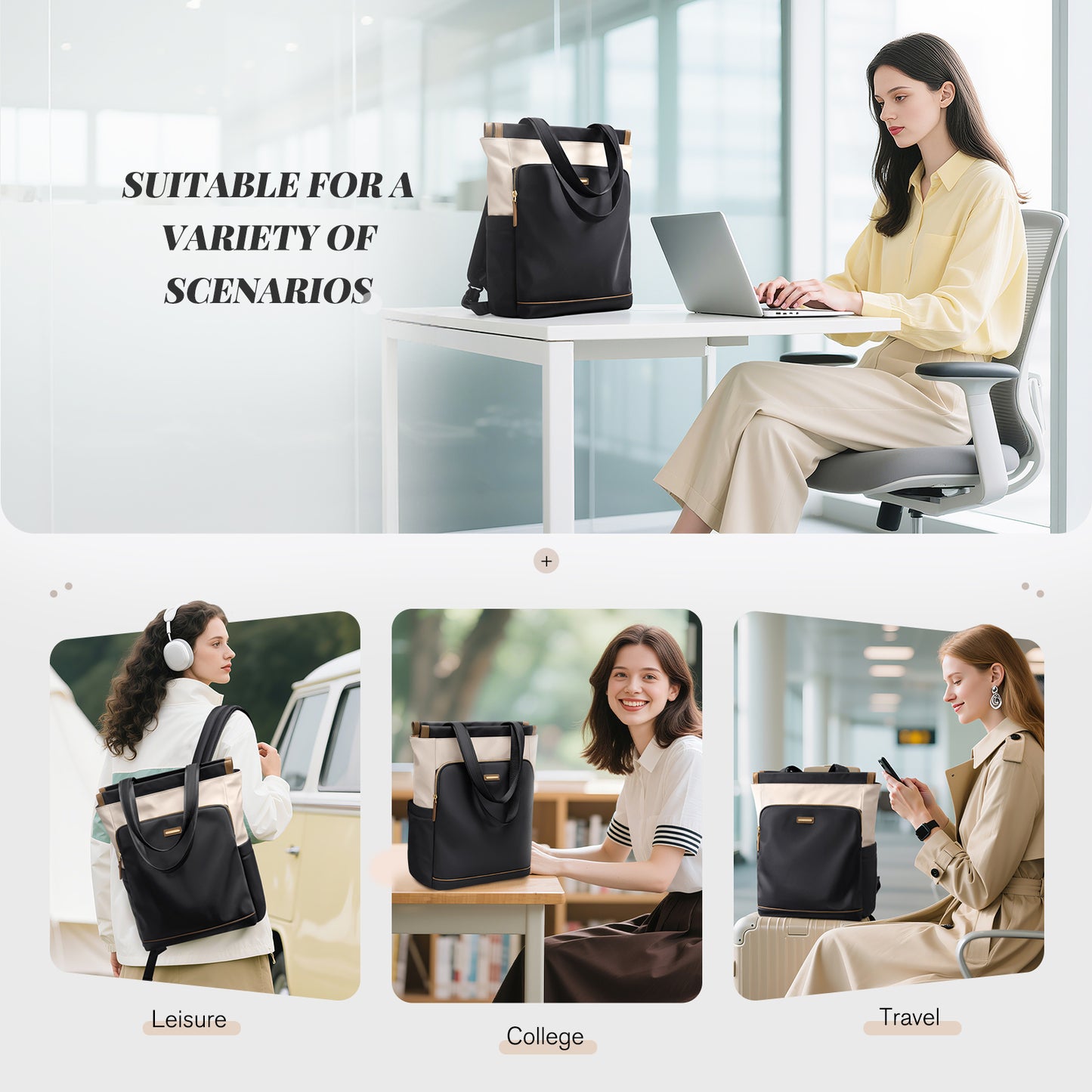 Convertible Laptop Backpack for Women Casual Daypack Notebook Tote Bag for Work College Travel Leisure