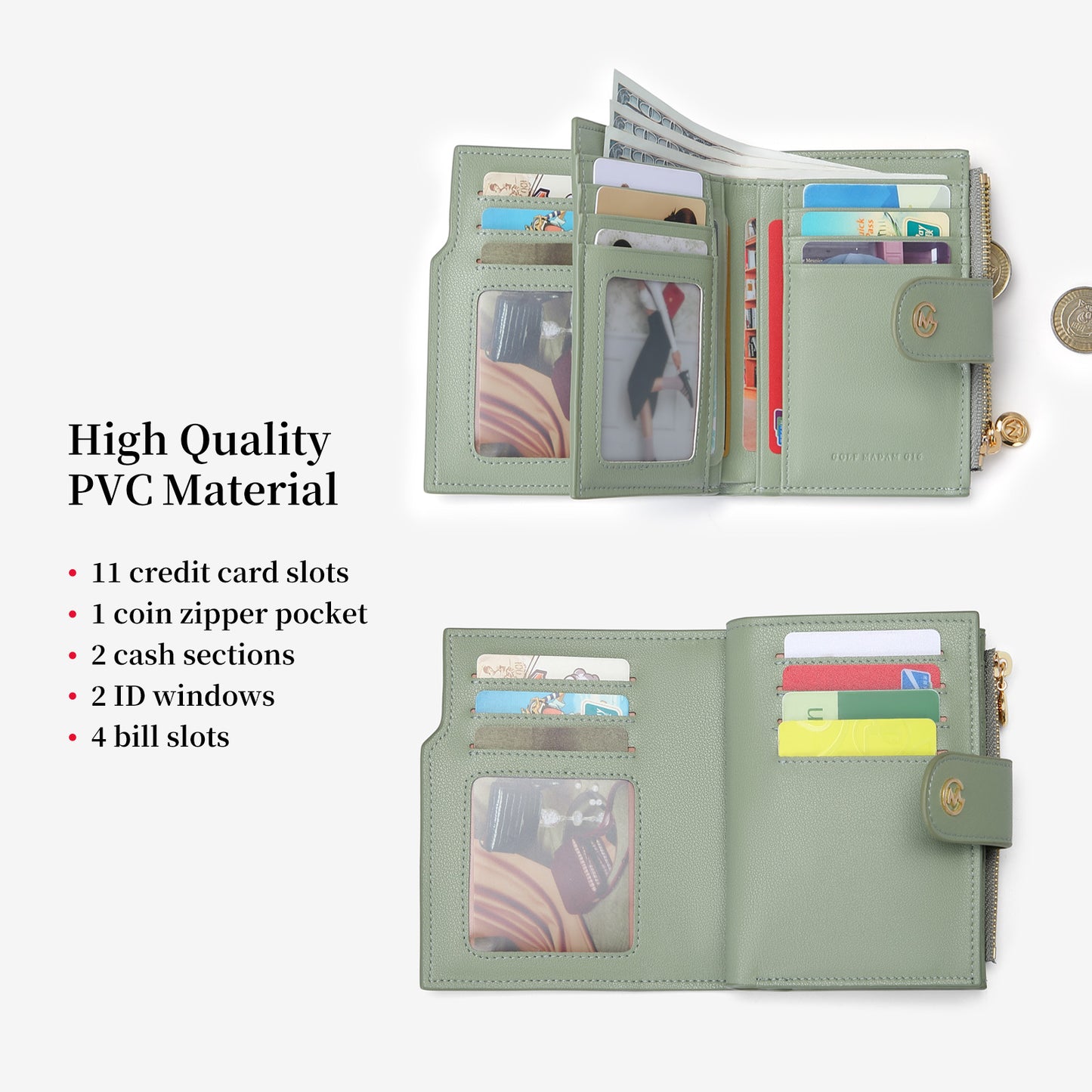 GOLF SUPAGS Wallets for Women PVC Leather Small Bifold Zipper Pocket Coin Purse Large Capacity Multi Card Organizer