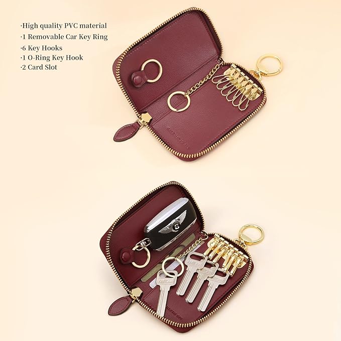 GOLF SUPAGS Women PVC Leather Car Key Chain Card Holder Wallet Pouch 6 Hook Snap Closure keys Money Organizer Case