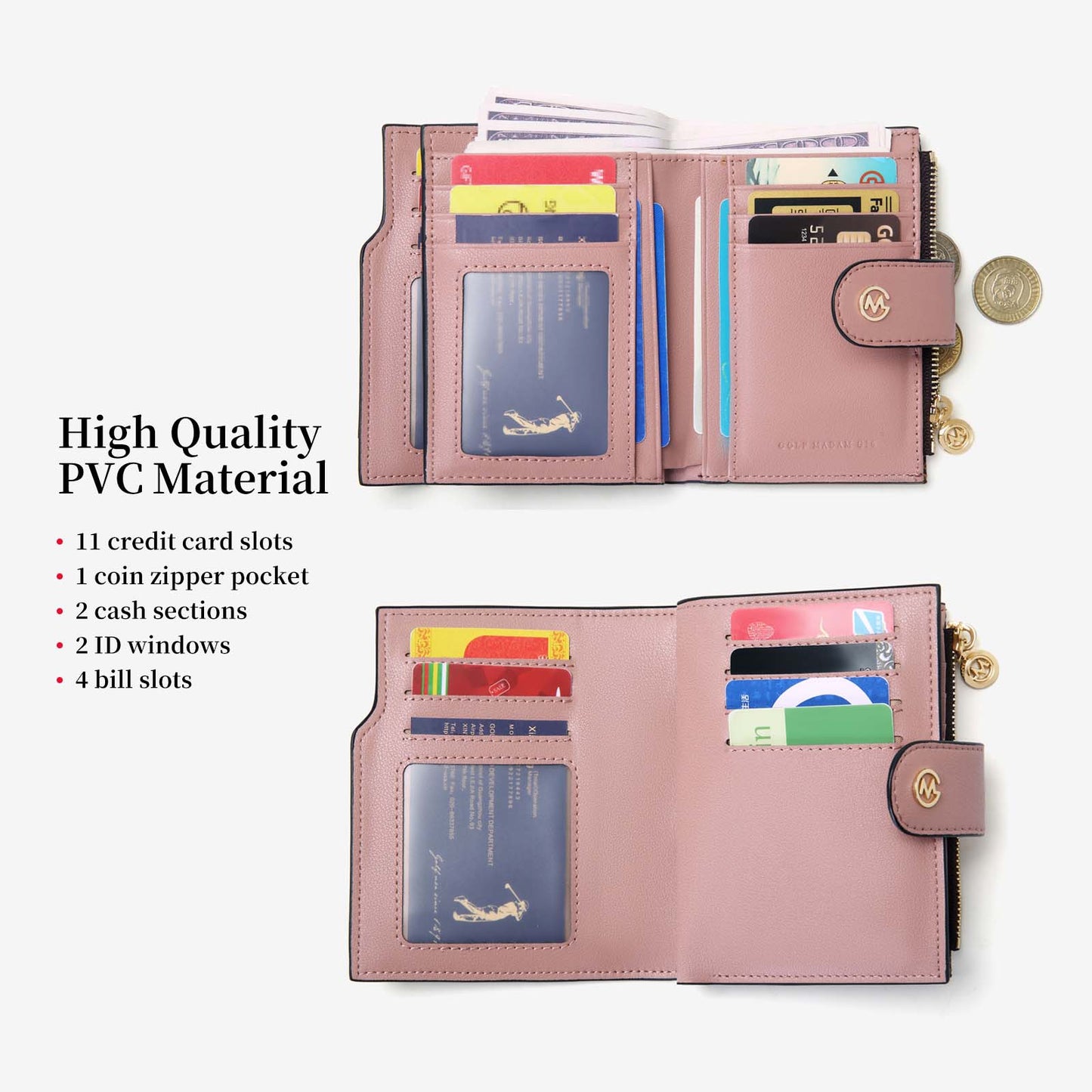 GOLF SUPAGS Wallets for Women PVC Leather Small Bifold Zipper Pocket Coin Purse Large Capacity Multi Card Organizer