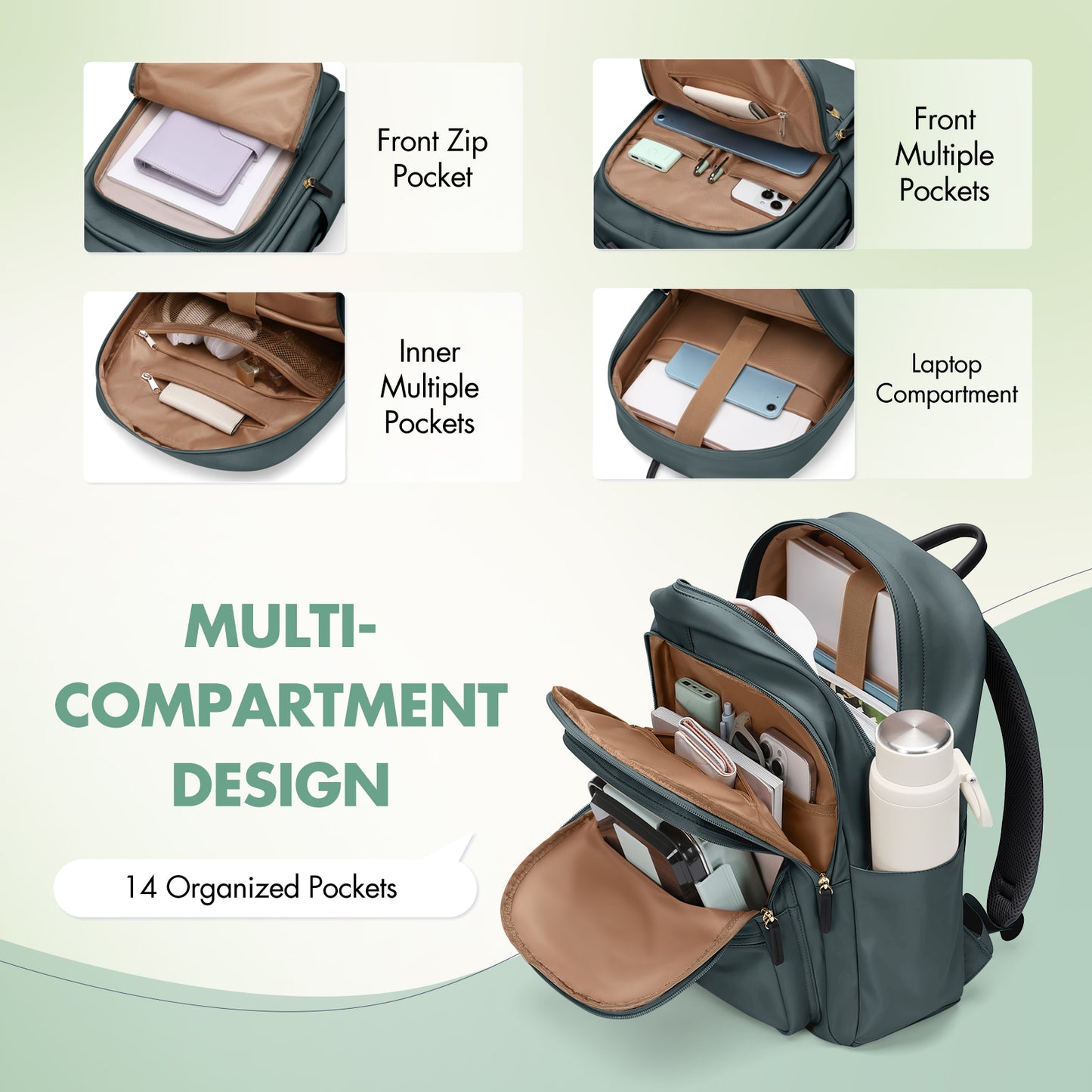 GOLF SUPAGS Backpack for Women Work College Travel Laptop Backpacks Multi-Functional Casual Daypack Teacher Nurse Everyday Bags Fits 15.6 Inch Notebook (Atrovirens)