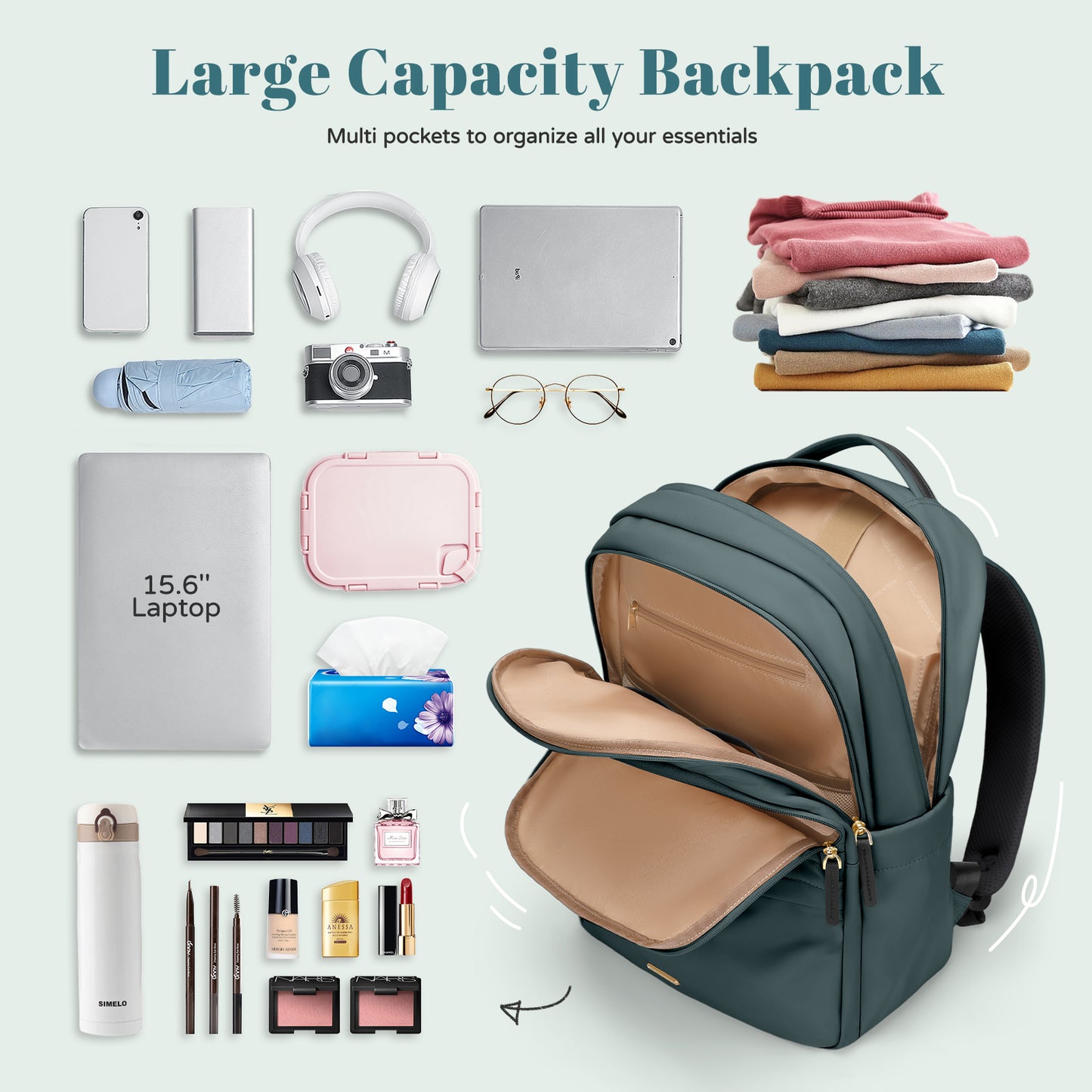 GOLF SUPAGS Multifunctional Laptop Backpack for Work Travel Leisure Water-Resistant Multiple Compartments Business Backpack for Women Fits 15.6 Inch Notebook (Apricot)