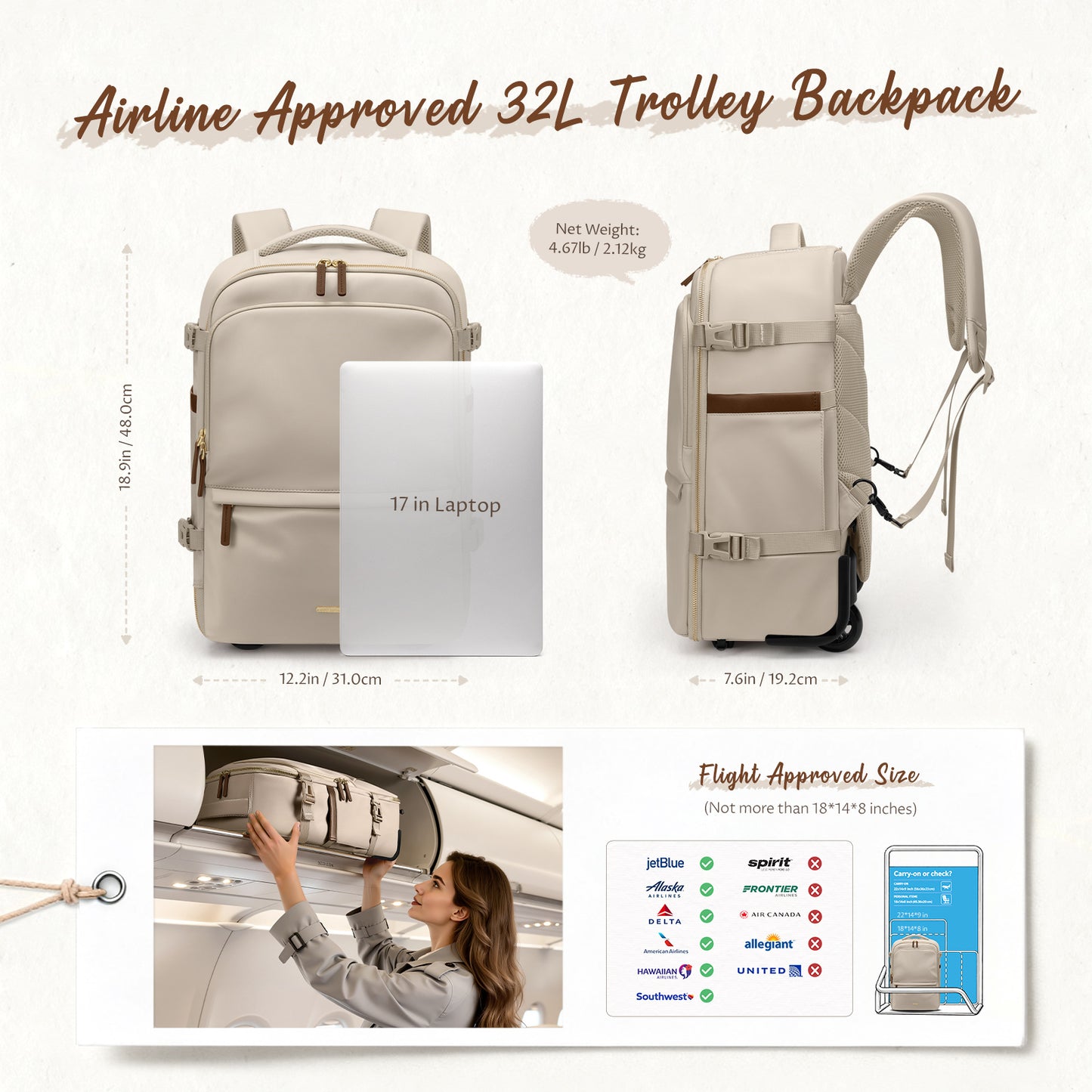 Rolling Backpack for Women 17 Inch Convertible Laptop Backpack with Wheels, 32L Carry On Business Luggage Daypack Water-Resistant Rolling Bag for Work Short Trips